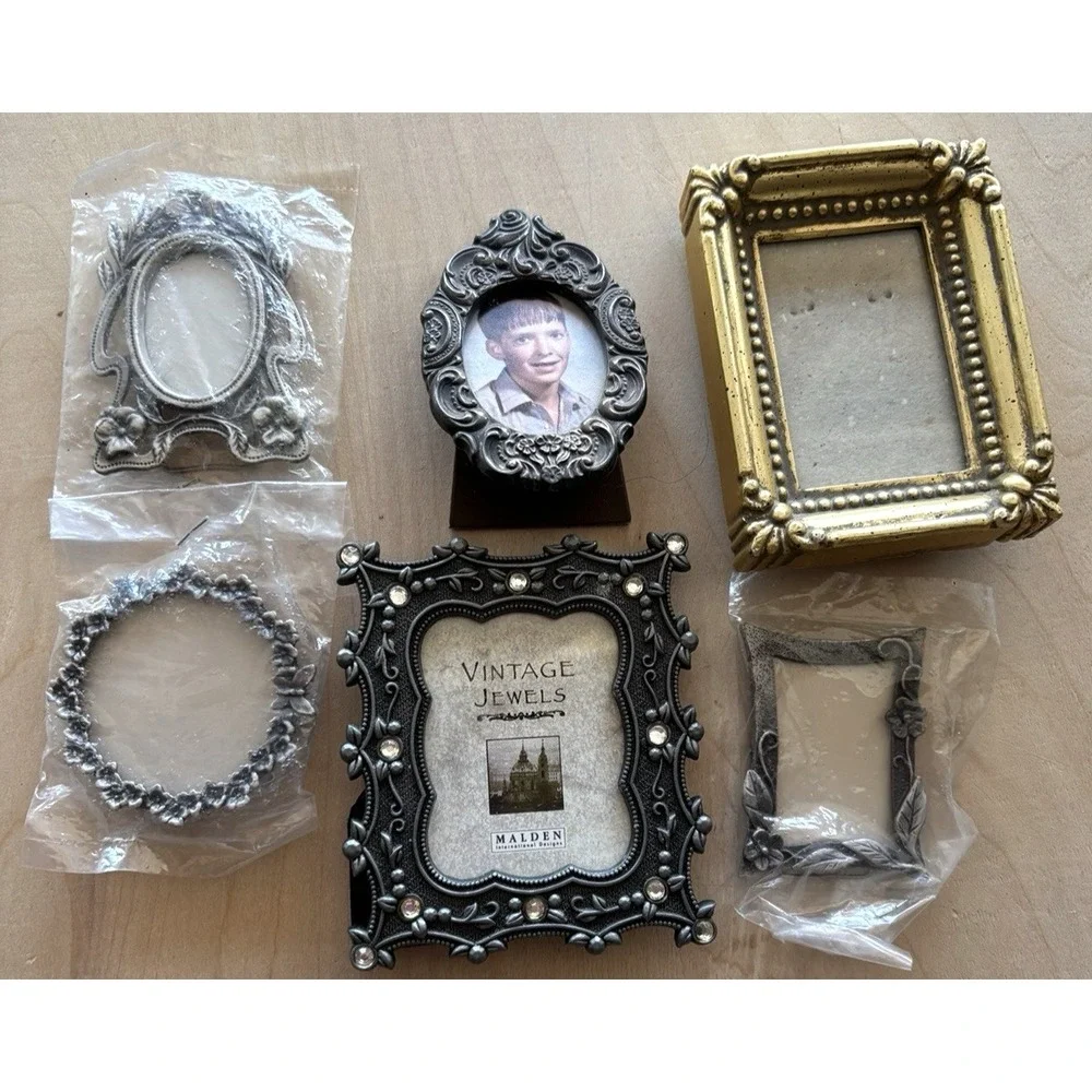 Vtg Mini Frame LOT of 6 Pewter Metal Wooden 3 NIP 1 1/2